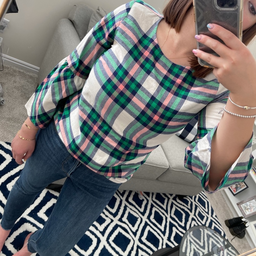 J Crew plaid bell sleeve top